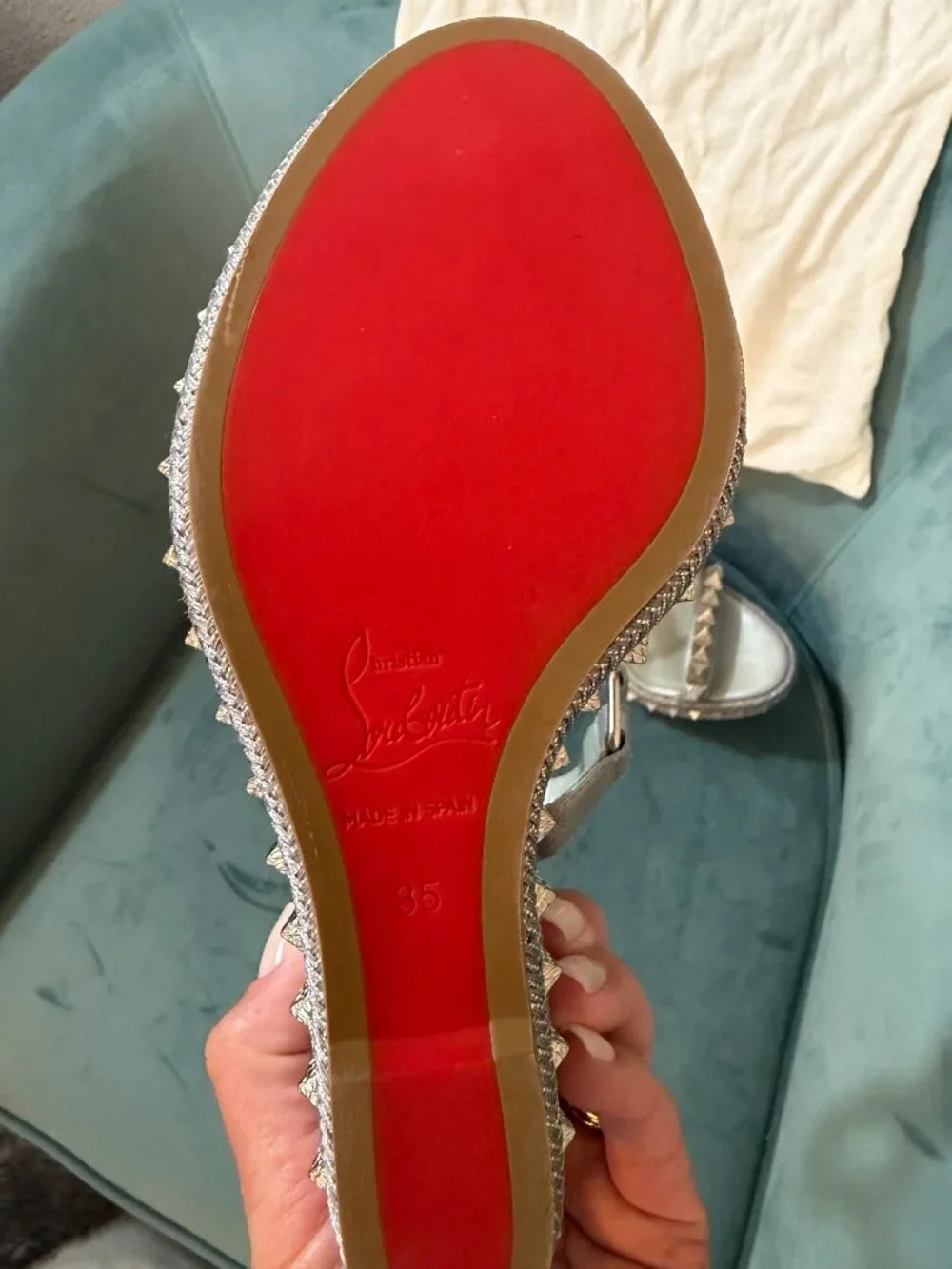 Christian Louboutin Silver Studded Espadrille Wedge Sandals Sz 35